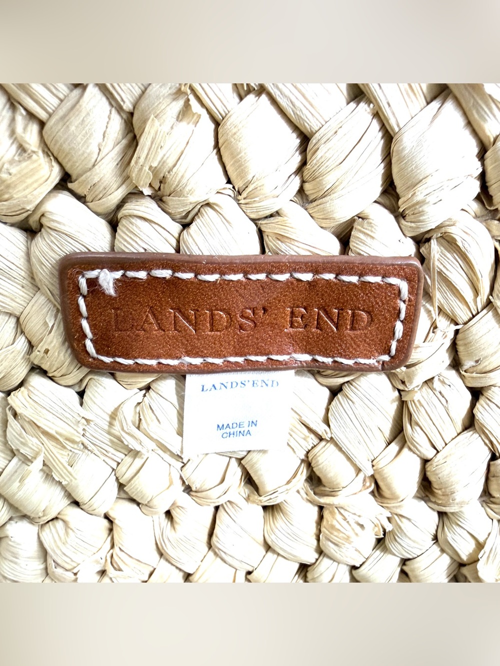 Lands End Woven Raffia Beach Shopper Summer Large Straw Tote Bag Leather Accents - Picture 9 of 11